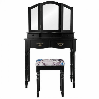 Classic Vanity Table Set with Tri-Fold Mirror, Cushioned Stool, and Storage Drawers – Black