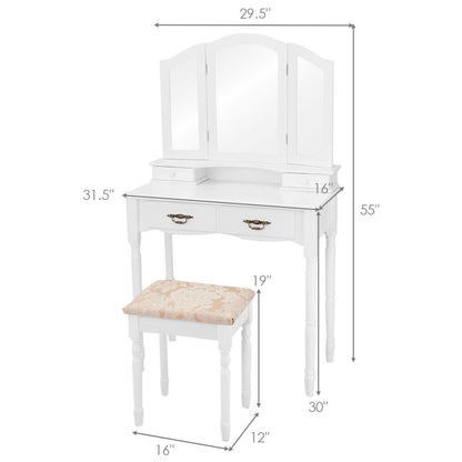 Classic Vanity Table Set with Tri-Fold Mirror, Cushioned Stool, and Storage Drawers – White