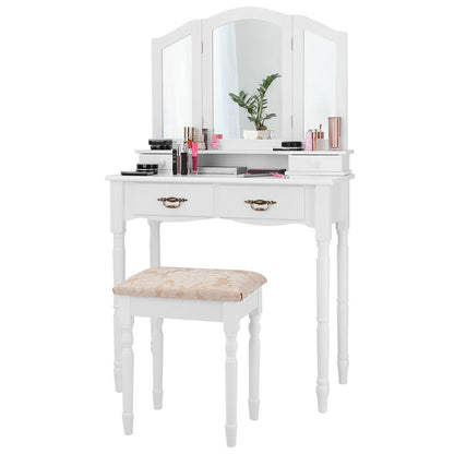Classic Vanity Table Set with Tri-Fold Mirror, Cushioned Stool, and Storage Drawers – White