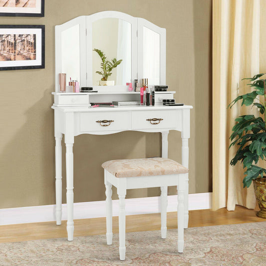 Classic Vanity Table Set with Tri-Fold Mirror, Cushioned Stool, and Storage Drawers – White