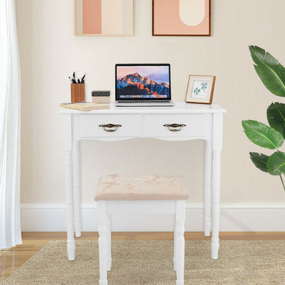 Classic Vanity Table Set with Tri-Fold Mirror, Cushioned Stool, and Storage Drawers – White