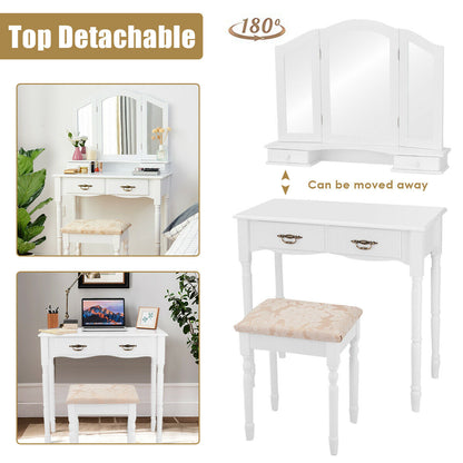 Classic Vanity Table Set with Tri-Fold Mirror, Cushioned Stool, and Storage Drawers – White