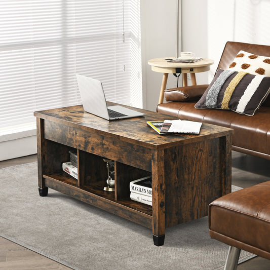 Adjustable Lift Top Coffee Table with Storage Shelves and Hidden Compartment - Brown
