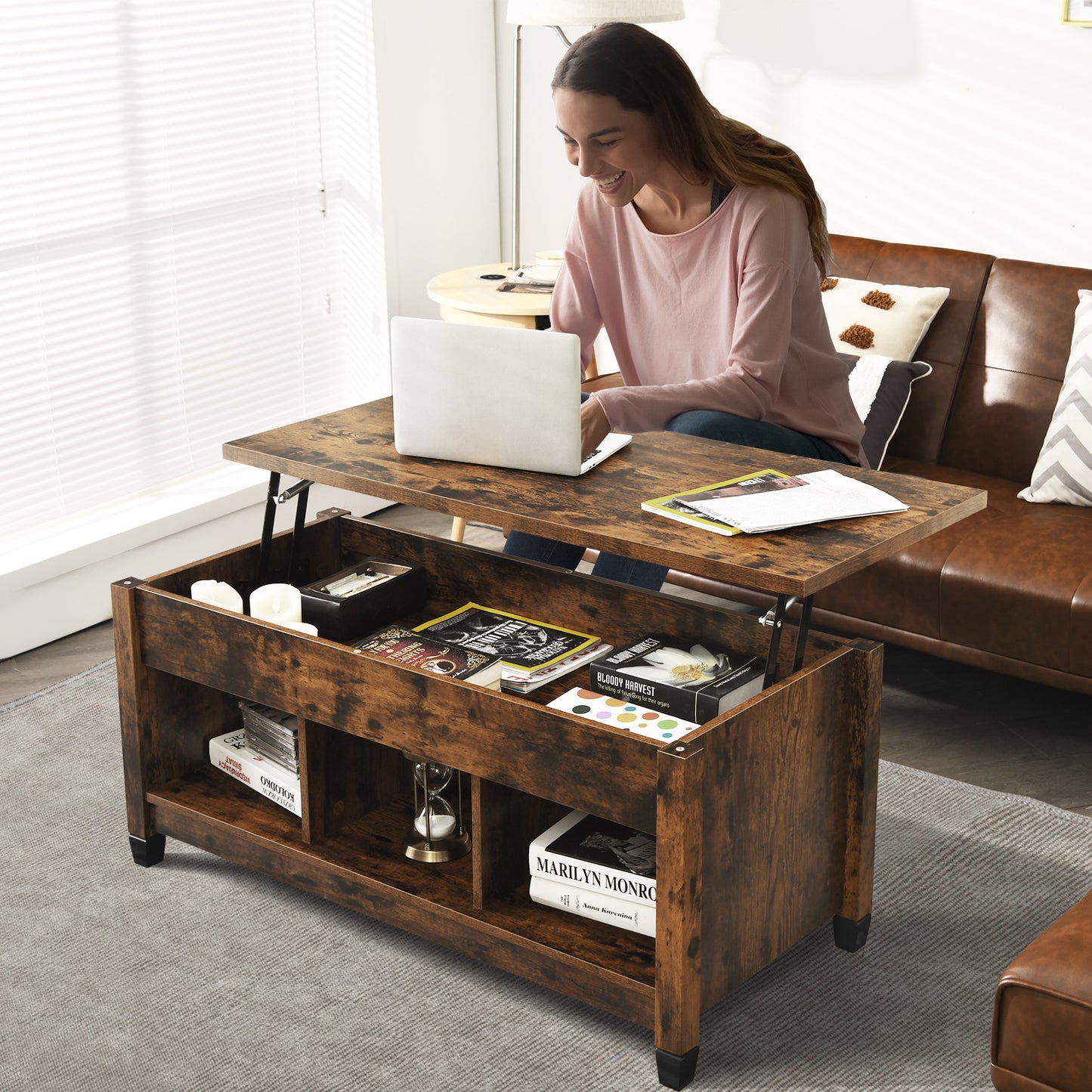 Adjustable Lift Top Coffee Table with Storage Shelves and Hidden Compartment - Brown