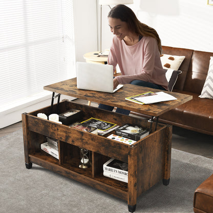 Adjustable Lift Top Coffee Table with Storage Shelves and Hidden Compartment - Brown