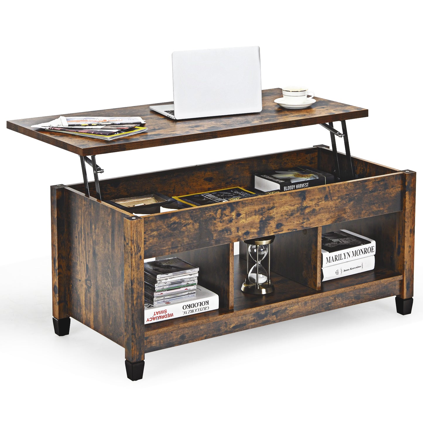 Adjustable Lift Top Coffee Table with Storage Shelves and Hidden Compartment - Brown