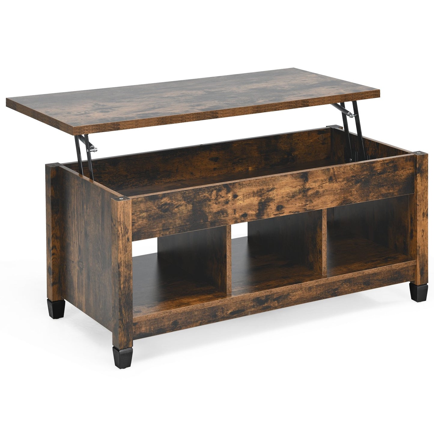 Adjustable Lift Top Coffee Table with Storage Shelves and Hidden Compartment - Brown