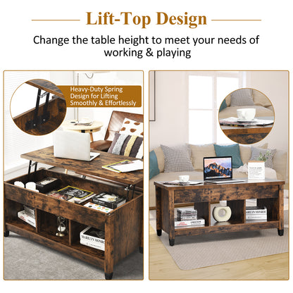 Adjustable Lift Top Coffee Table with Storage Shelves and Hidden Compartment - Brown