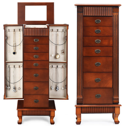 Classic Wood Jewelry Armoire with Flip-Top Mirror, Side Doors and 7 Storage Drawers