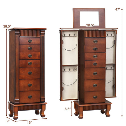 Classic Wood Jewelry Armoire with Flip-Top Mirror, Side Doors and 7 Storage Drawers