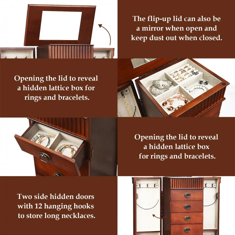Classic Wood Jewelry Armoire with Flip-Top Mirror, Side Doors and 7 Storage Drawers