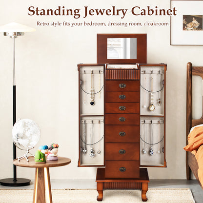 Classic Wood Jewelry Armoire with Flip-Top Mirror, Side Doors and 7 Storage Drawers