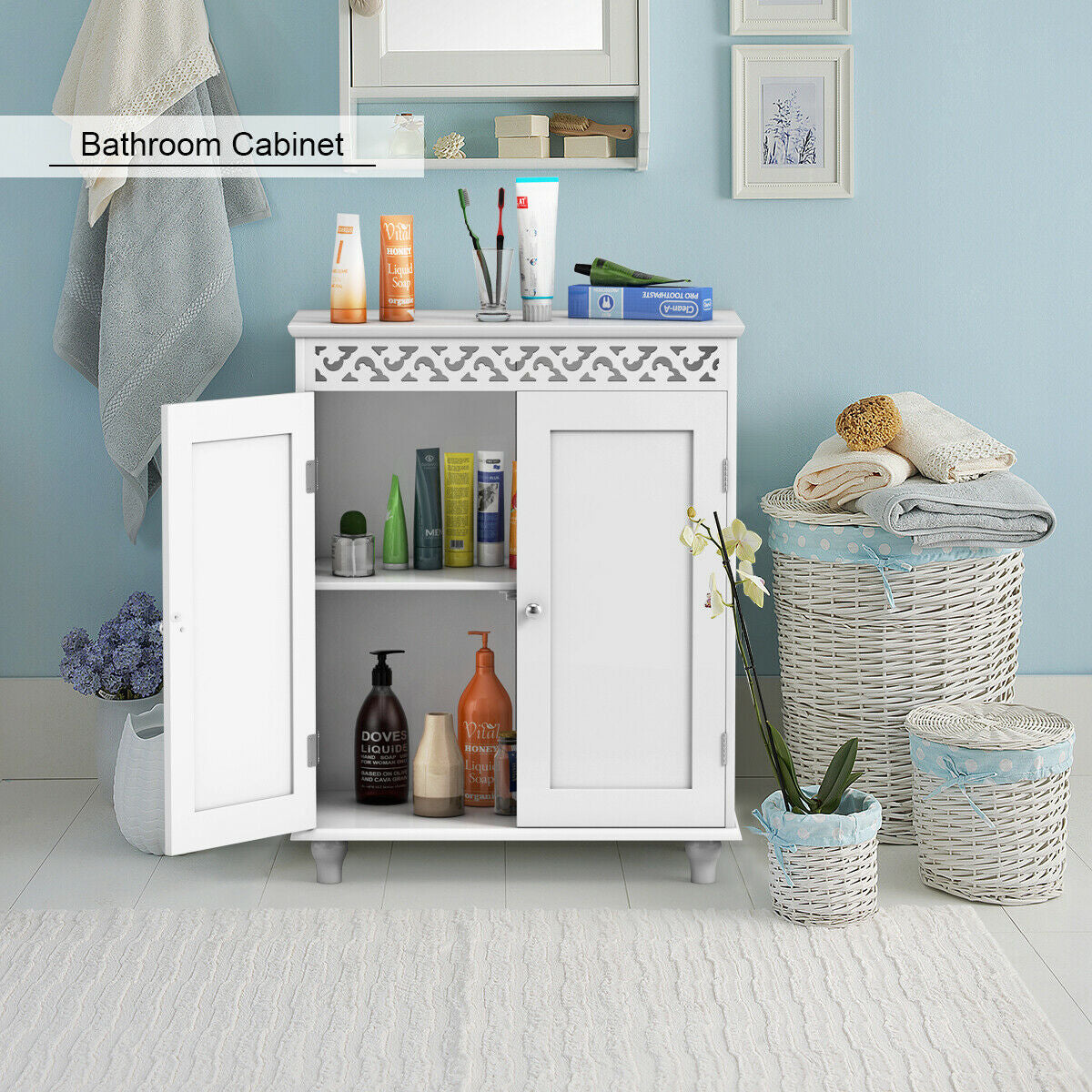 Elegant White Wooden 2 Door Storage Cabinet with Adjustable Shelves