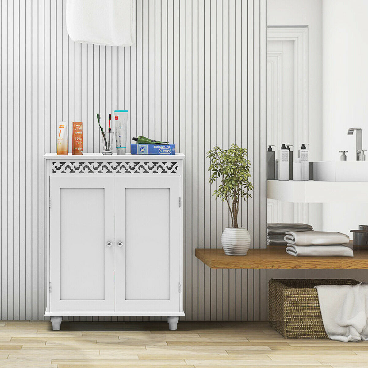 Elegant White Wooden 2 Door Storage Cabinet with Adjustable Shelves