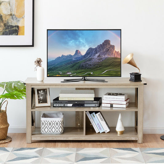 3 Tier Wooden TV Stand with Open Storage and Metal Frame for TVs up to 55 Inches - Grey
