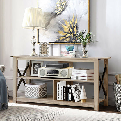 3 Tier Wooden TV Stand with Open Storage and Metal Frame for TVs up to 55 Inches - Grey