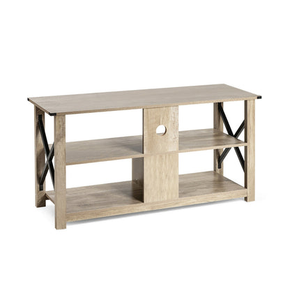 3 Tier Wooden TV Stand with Open Storage and Metal Frame for TVs up to 55 Inches - Grey