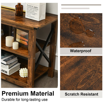 3 Tier Wooden TV Stand with Open Storage and Metal Frame for TVs up to 55 Inches - Brown
