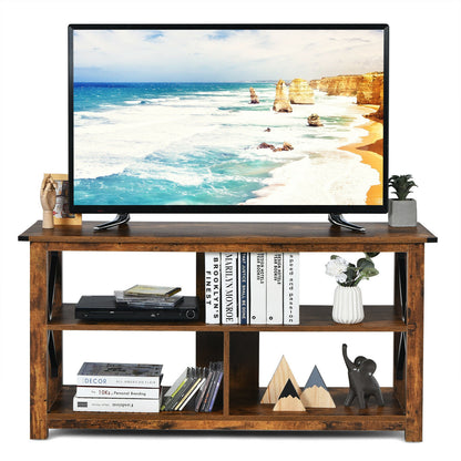 3 Tier Wooden TV Stand with Open Storage and Metal Frame for TVs up to 55 Inches - Brown