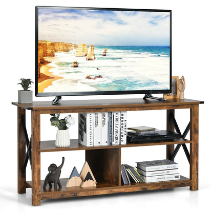 3 Tier Wooden TV Stand with Open Storage and Metal Frame for TVs up to 55 Inches - Brown