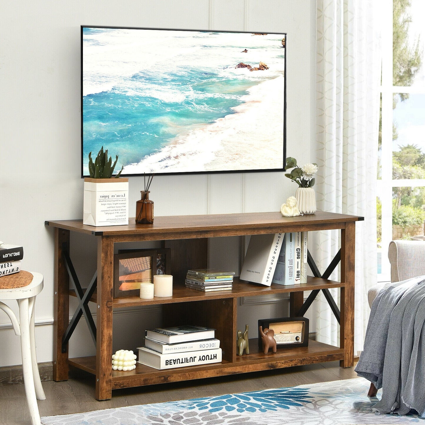 3 Tier Wooden TV Stand with Open Storage and Metal Frame for TVs up to 55 Inches - Brown