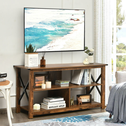 3 Tier Wooden TV Stand with Open Storage and Metal Frame for TVs up to 55 Inches - Brown