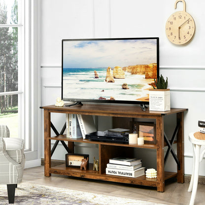 3 Tier Wooden TV Stand with Open Storage and Metal Frame for TVs up to 55 Inches - Brown