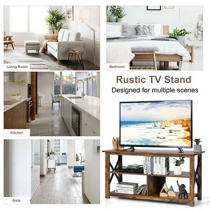 3 Tier Wooden TV Stand with Open Storage and Metal Frame for TVs up to 55 Inches - Brown