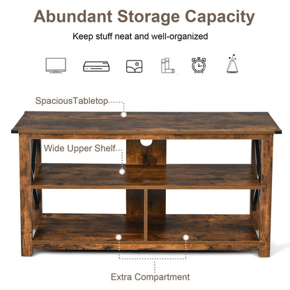3 Tier Wooden TV Stand with Open Storage and Metal Frame for TVs up to 55 Inches - Brown