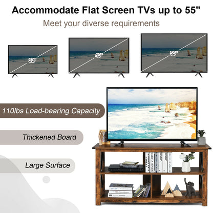 3 Tier Wooden TV Stand with Open Storage and Metal Frame for TVs up to 55 Inches - Brown