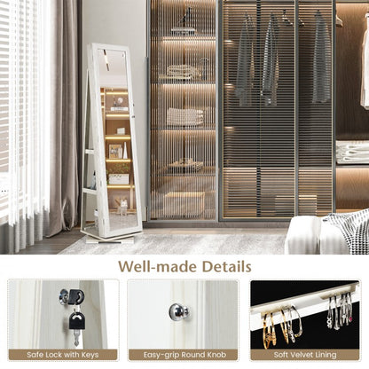 360 Degree Rotating Jewelry Armoire with Lockable Storage and Full Length Mirror in White