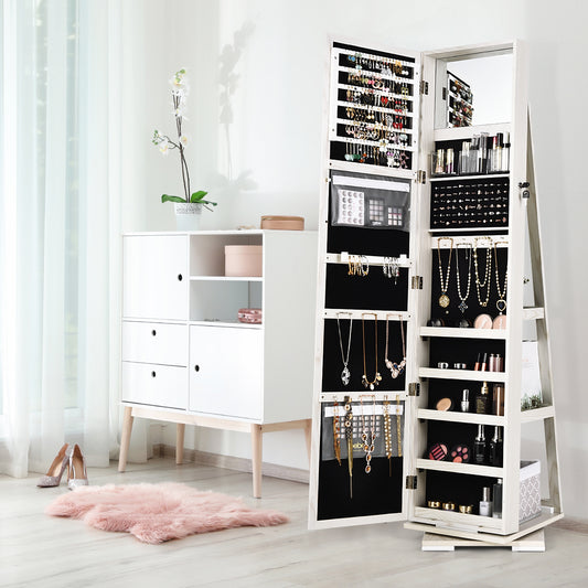 360 Degree Rotating Jewelry Armoire with Lockable Storage and Full Length Mirror in White