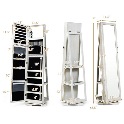 360 Degree Rotating Jewelry Armoire with Lockable Storage and Full Length Mirror in White