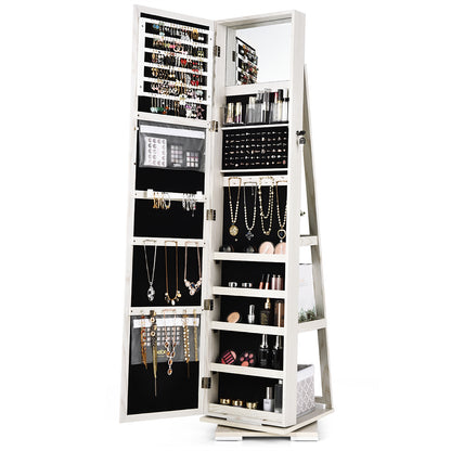 360 Degree Rotating Jewelry Armoire with Lockable Storage and Full Length Mirror in White