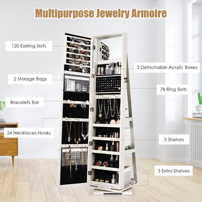 360 Degree Rotating Jewelry Armoire with Lockable Storage and Full Length Mirror in White