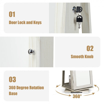 360 Degree Rotating Jewelry Armoire with Lockable Storage and Full Length Mirror in White