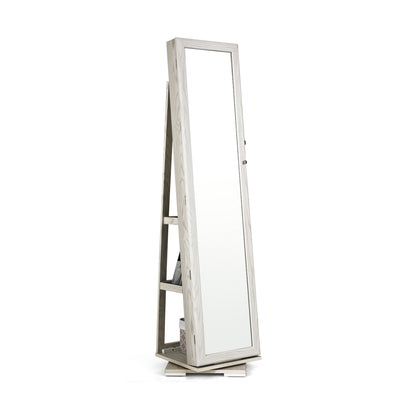360 Degree Rotating Jewelry Armoire with Lockable Storage and Full Length Mirror in White