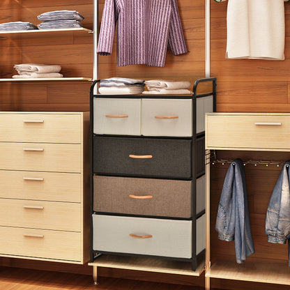 5 Drawer Fabric Dresser with Wooden Top and Steel Frame Storage Tower Multicolor