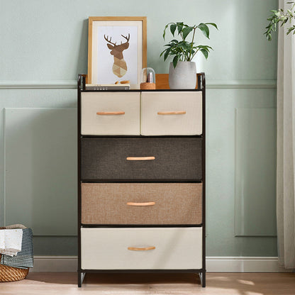 5 Drawer Fabric Dresser with Wooden Top and Steel Frame Storage Tower Multicolor