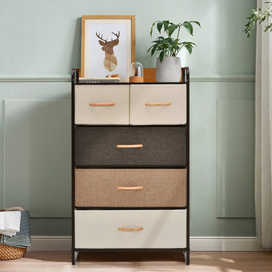 5 Drawer Fabric Dresser with Wooden Top and Steel Frame Storage Tower Multicolor