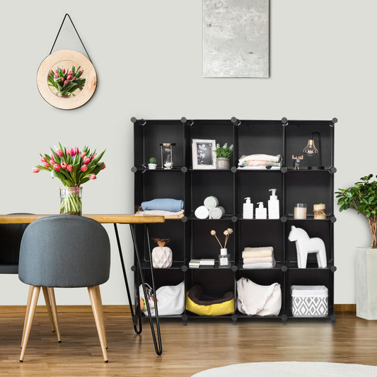 Modular 16-Cube Storage Organizer Shelf with Sturdy Plastic Panels and Steel Frame