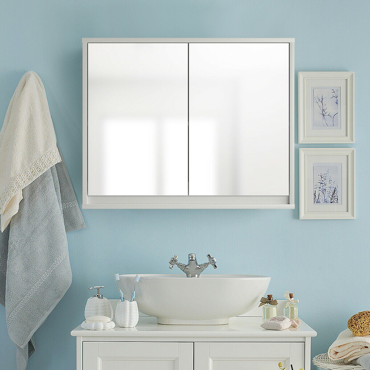 Wall-Mounted Double Mirrored Medicine Cabinet with Hidden Handle