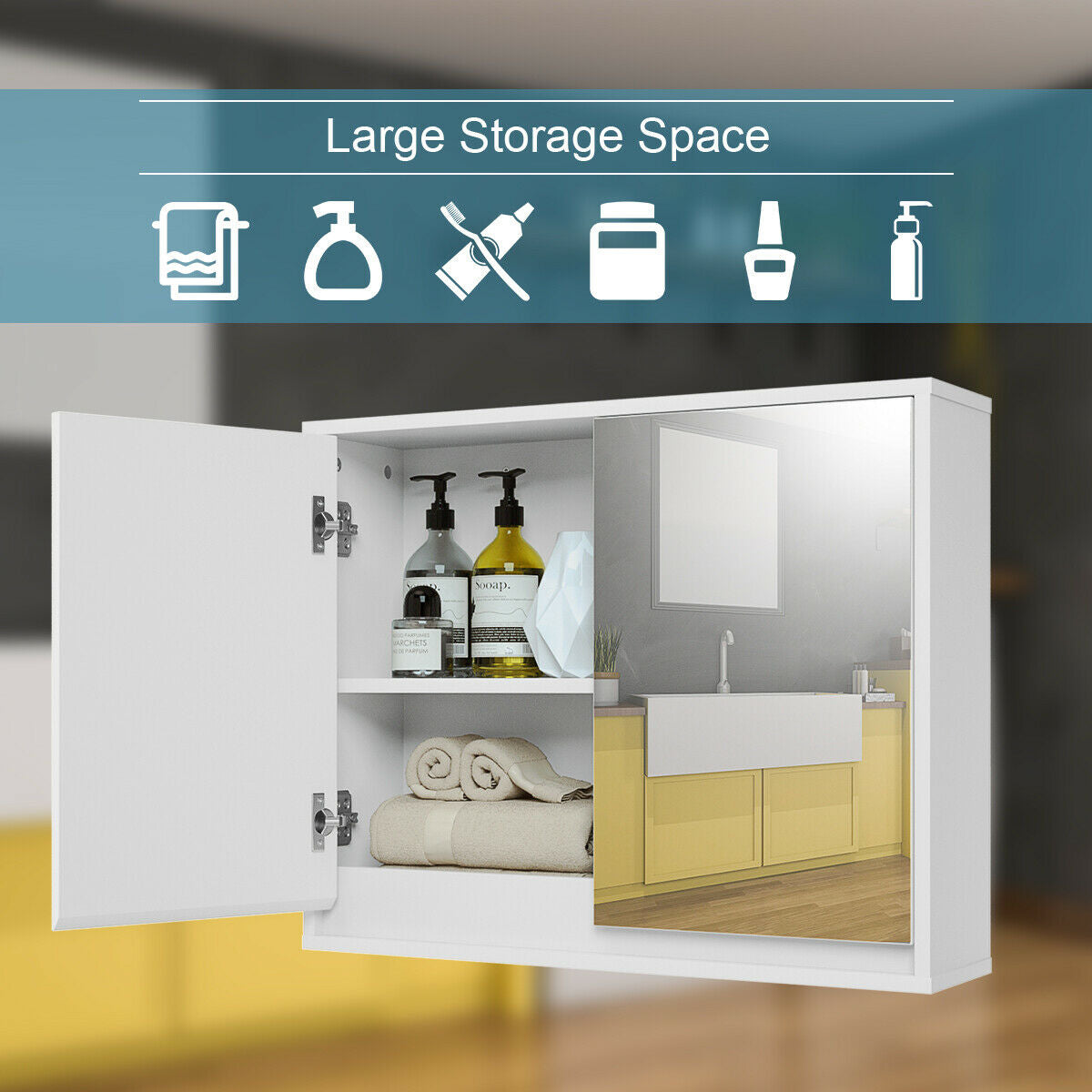 Wall-Mounted Double Mirrored Medicine Cabinet with Hidden Handle