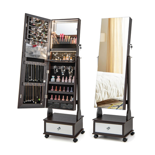 47 Inch Lockable Jewelry Armoire with 3-Color LED Lights & Full-Length Mirror - Brown