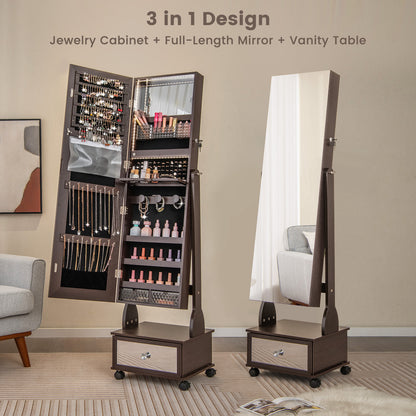 47 Inch Lockable Jewelry Armoire with 3-Color LED Lights & Full-Length Mirror - Brown