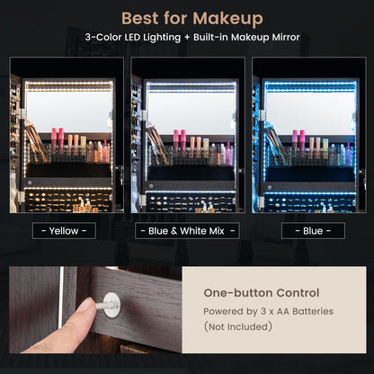 47 Inch Lockable Jewelry Armoire with 3-Color LED Lights & Full-Length Mirror - Brown