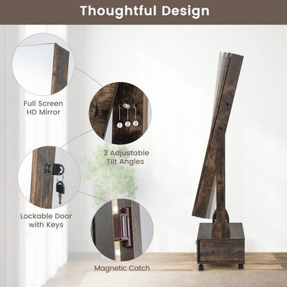 47 Inch Lockable Jewelry Armoire with 3-Color LED Lights & Full-Length Mirror - Rustic Brown