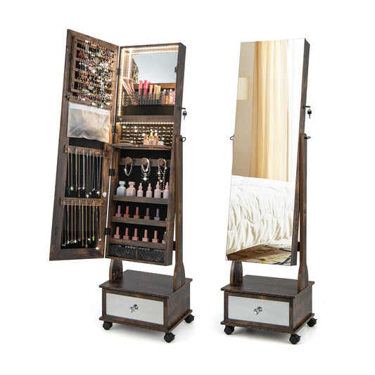 47 Inch Lockable Jewelry Armoire with 3-Color LED Lights & Full-Length Mirror - Rustic Brown