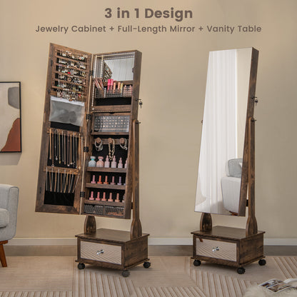47 Inch Lockable Jewelry Armoire with 3-Color LED Lights & Full-Length Mirror - Rustic Brown