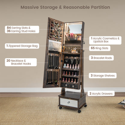 47 Inch Lockable Jewelry Armoire with 3-Color LED Lights & Full-Length Mirror - Rustic Brown